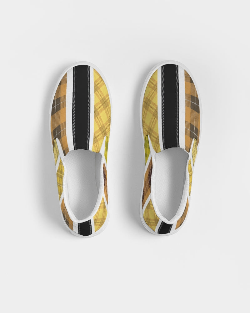 Mens Sneakers Slip on Canvas Yellow and Black Tartan Pattern