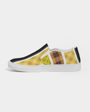 Mens Sneakers Slip on Canvas Yellow and Black Tartan Pattern