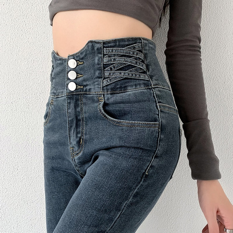 Skinny Pencil Jeans Four Buttons Vintage High Waist Women Slim Stretch