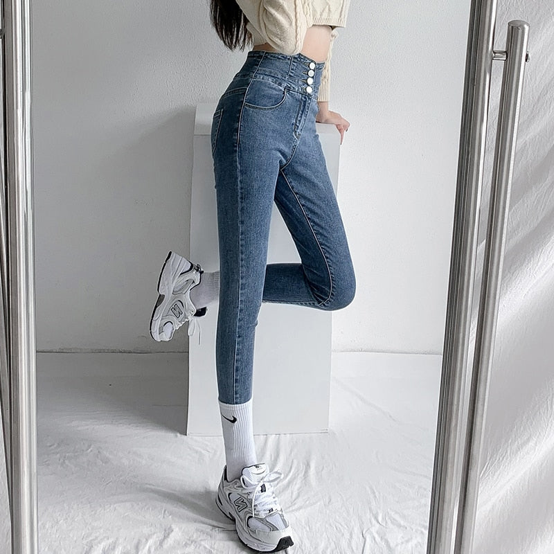 Skinny Pencil Jeans Four Buttons Vintage High Waist Women Slim Stretch