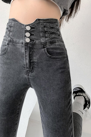 Skinny Pencil Jeans Four Buttons Vintage High Waist Women Slim Stretch