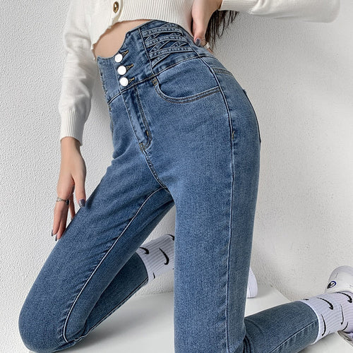 Skinny Pencil Jeans Four Buttons Vintage High Waist Women Slim Stretch