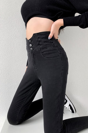 Skinny Pencil Jeans Four Buttons Vintage High Waist Women Slim Stretch