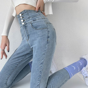 Skinny Pencil Jeans Four Buttons Vintage High Waist Women Slim Stretch