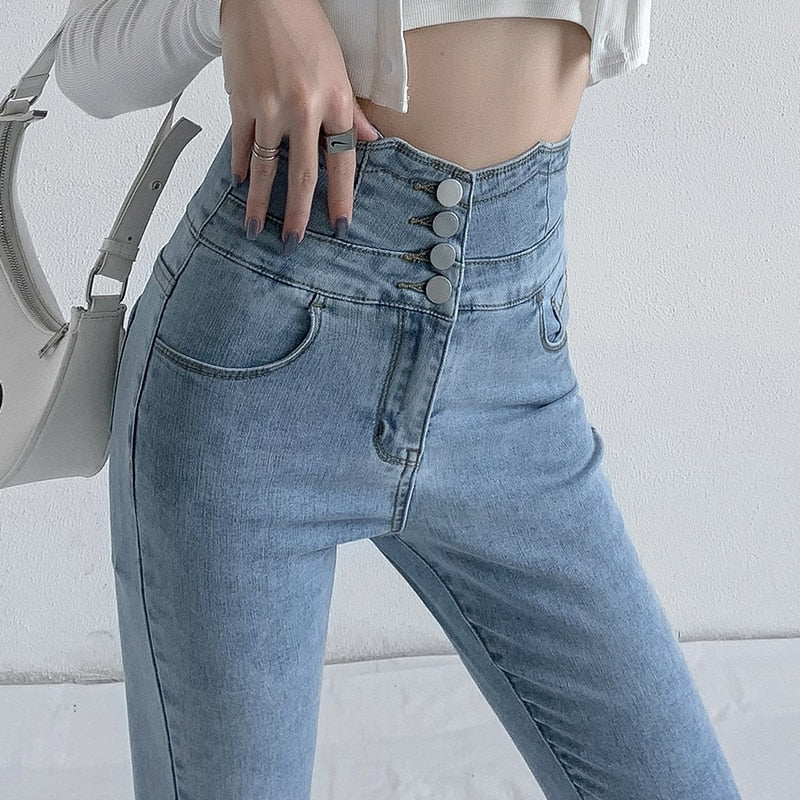 Skinny Pencil Jeans Four Buttons Vintage High Waist Women Slim Stretch