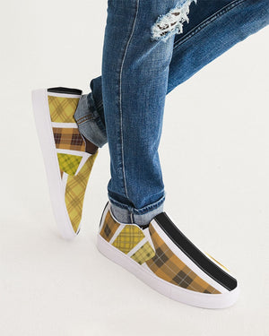 Mens Sneakers Slip on Canvas Yellow and Black Tartan Pattern