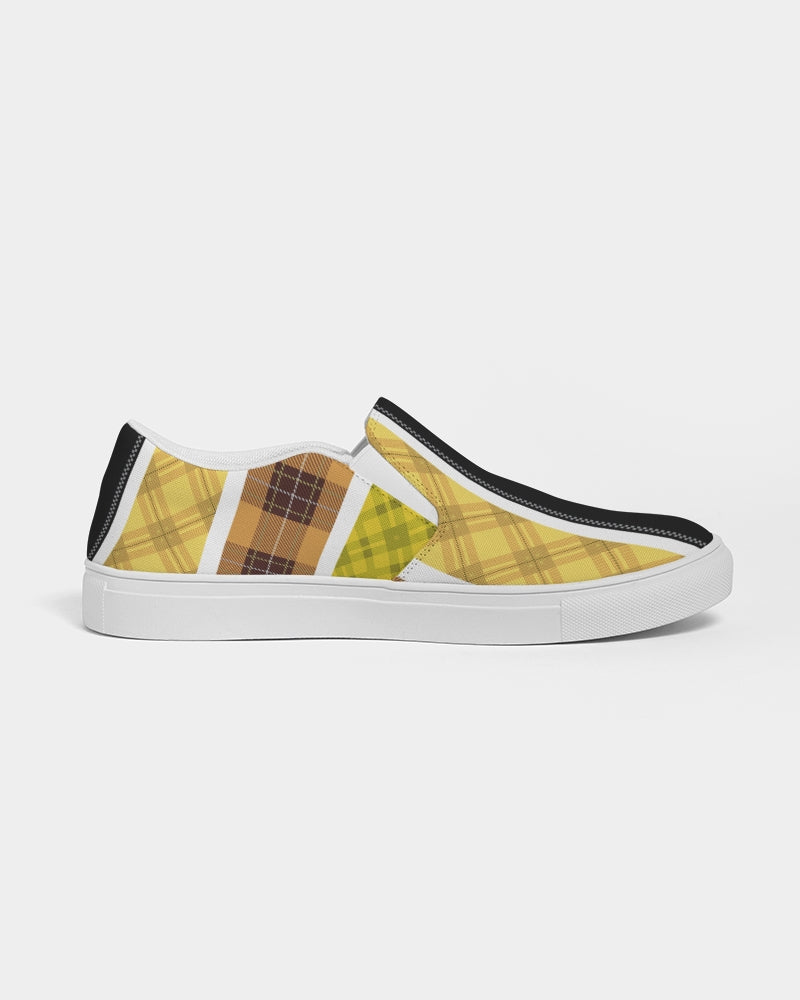 Mens Sneakers Slip on Canvas Yellow and Black Tartan Pattern