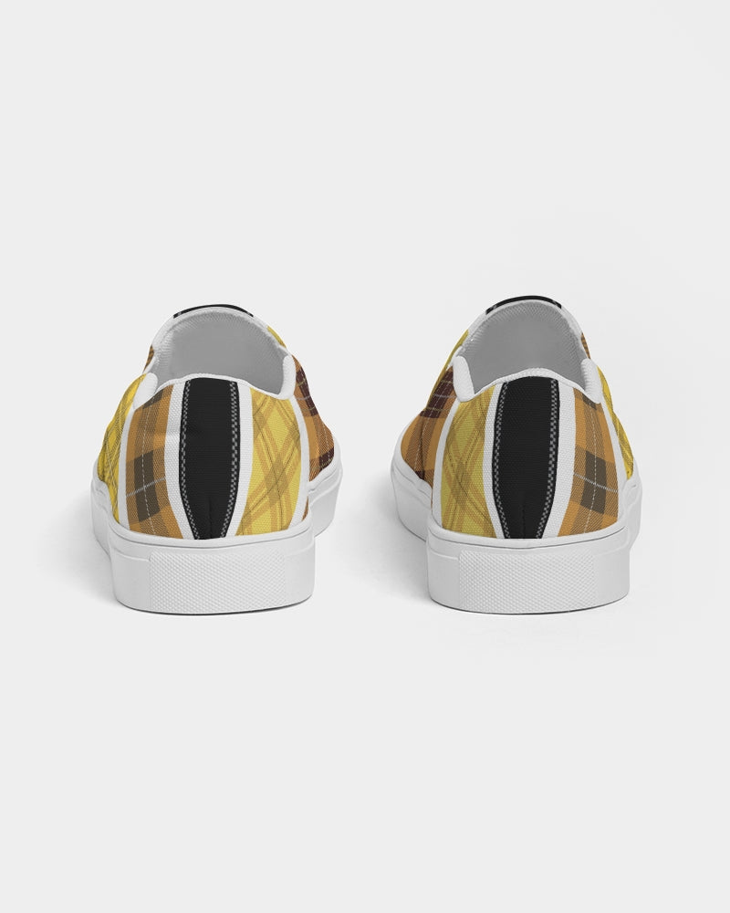 Mens Sneakers Slip on Canvas Yellow and Black Tartan Pattern