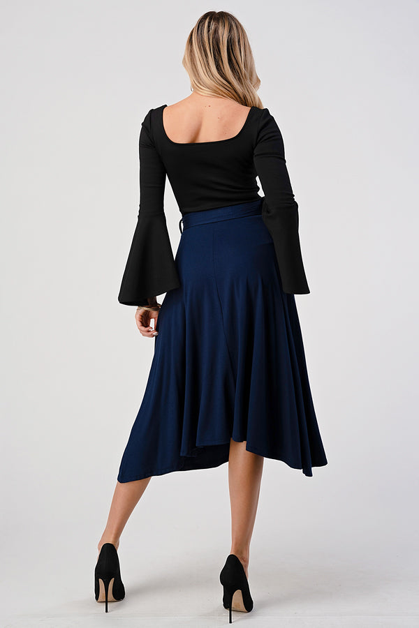 Solid, High Waist Midi Skirt with Waist Tie