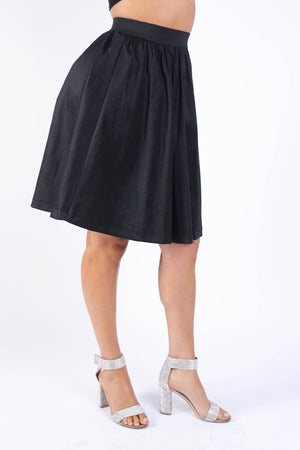 Casual Elastic High Waist Pleated Midi Flare Black Skirt