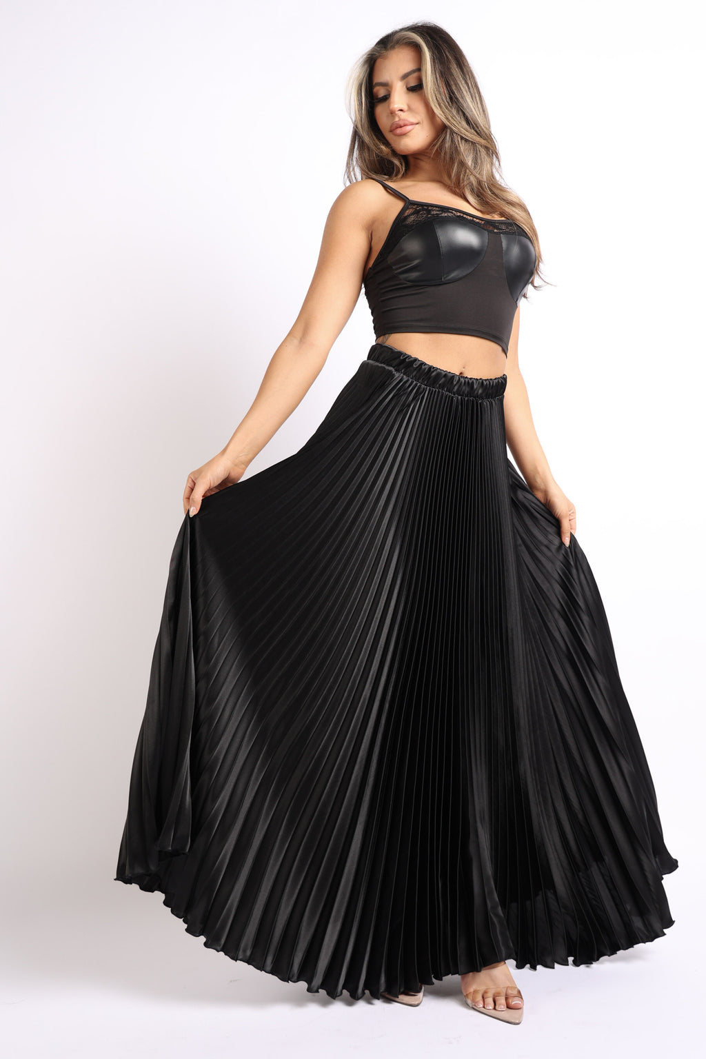 Elastic High Waist A-Line Pleated Satin Maxi Skirt Formal Prom BLACK