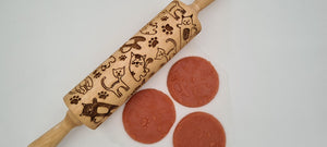 Engraved Rolling Pin Natural Wood Folk Kitchen Pins Handmade - Cats