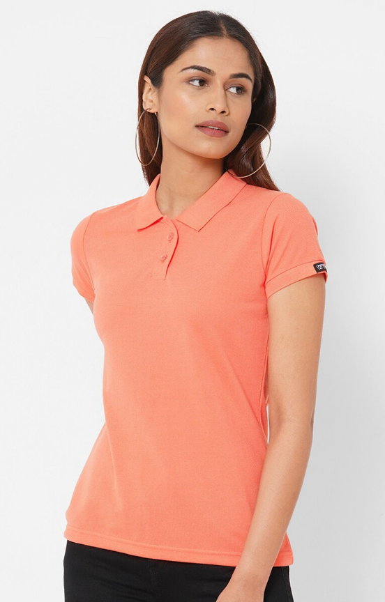 Women Solid Polo Collar T-shirt (ColorPeach) (Size XL)