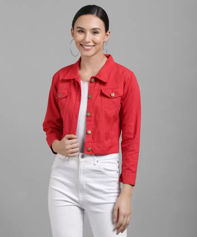 Women Solid Light Weight Casual Short Jacket (Color Red) (Size XL)