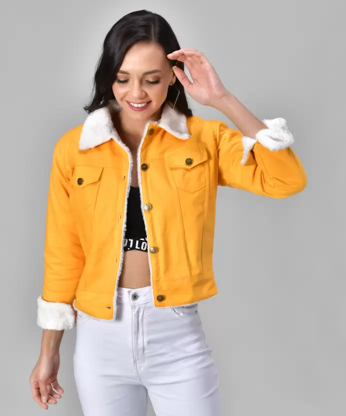 Women Solid Light Weight Casual Short Jacket (Color Yellow) (Size XL)