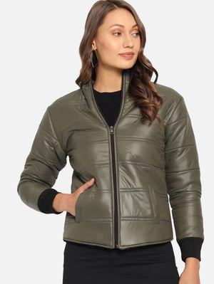 Women Solid Light Weight Casual Short Jacket (Color Olive Green) (Size