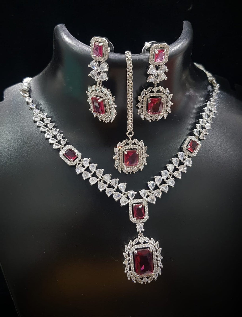 Maroon Stone Women Necklace Set With Maang Tika & Two Matching Earring