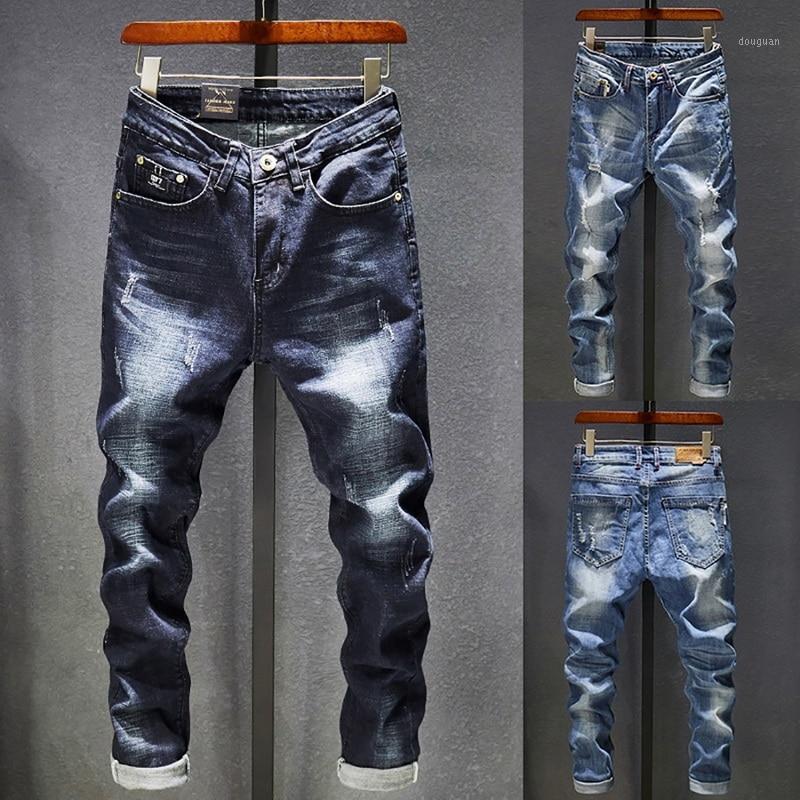 2020 Mens Jeans Holes Frayed Hiphop Ripped Blue Skinny Stretch Slim