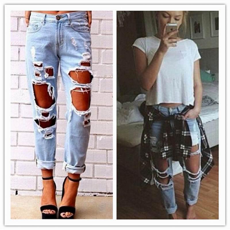 Ripped Jeans Denim Joggers Knee Holes Slim Fit Jeans For Women Blue