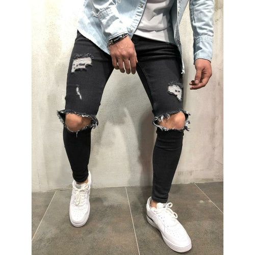 Mens Distressed Ripped Biker Jeans Slim Fit Stretch Jeans Brand